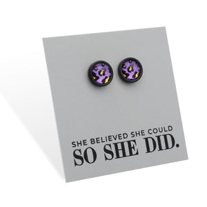 She Believed She Could So She Did - Black Stainless Steel 8mm Circle Studs - Purple Print Leopard (11322)
