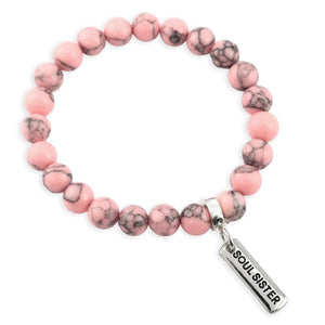 Stone Bracelet - Soft Pink Marbled 8mm Beads - with Silver Word Charm
