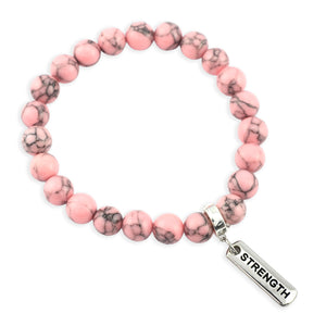 Stone Bracelet - Soft Pink Marbled 8mm Beads - with Silver Word Charm