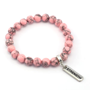 Stone Bracelet - Soft Pink Marbled 8mm Beads - with Silver Word Charm