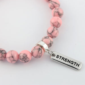 Stone Bracelet - Soft Pink Marbled 8mm Beads - with Silver Word Charm