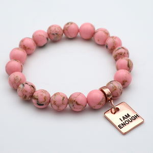 PINK COLLECTION - Soft Pink Synthesis 10mm Bead Bracelet - Rose Gold Word Charms