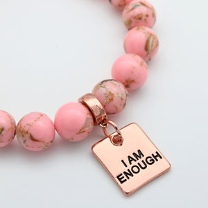 PINK COLLECTION - Soft Pink Synthesis 10mm Bead Bracelet - Rose Gold Word Charms