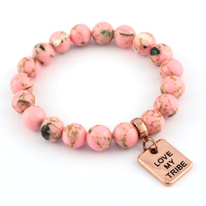 PINK COLLECTION - Soft Pink Synthesis 10mm Bead Bracelet - Rose Gold Word Charms
