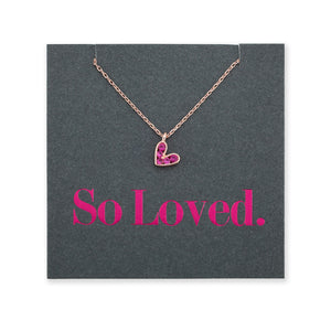 Pink heart pendant necklace sterling silver with 18K rose gold plating on gift card that has text that says so loved.