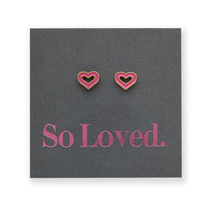 So Loved Stainless Steel Stud Earrings - Gold Sweethearts with Hot Pink Enamel