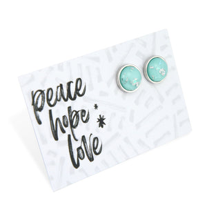 SPARKLEFEST - Peace Hope Love - Deluxe Stainless Steel Silver Studs - Aqua & Silver Leaf Resin (12162)
