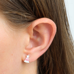 Pink Enamel Christmas Tree Studs - Joy Peace Love - Sterling Silver (9105)