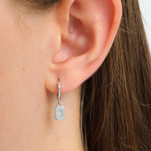 HUGGIES - Love Just For You - Sterling Silver Hoops with North Star Rectangle Shaped Charm (11361)