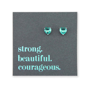 TEAL sterling silver heart with aqua coloured quartz earring studs, a product that raises funds for Ovarian cancer. Presented on an inspiring card that says strong beautiful and courageous.