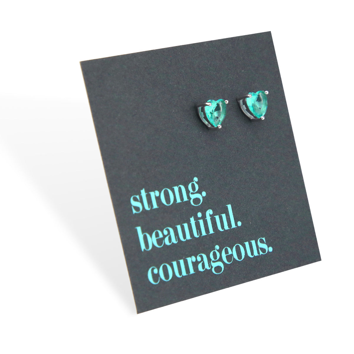 TEAL sterling silver heart with aqua coloured quartz earring studs, a product that raises funds for Ovarian cancer. Presented on an inspiring card that says strong beautiful and courageous. 