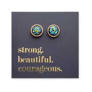 Strong Beautiful Courageous - Gold Stainless Steel 8mm Circle Studs - Blue & Gold Glitter (11561)