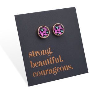 Strong Beautiful Courageous - Rose Gold Stainless Steel 8mm Circle Studs - Magenta Leopard (11355)