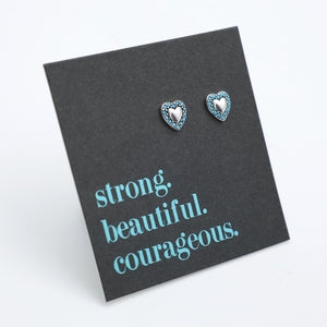 TEAL COLLECTION - Tiny Turquoise & Silver Hearts - Sterling Silver Studs - Strong Beautiful Courageous (11863)