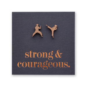 Rose Gold Martial Art Studs on a grey card that says "strong & courageous" in rose gold writing, on a white background.