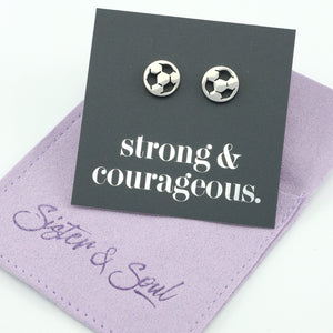 Stainless steel hypoallergenic soccer foorball stud earring, presented on a foil card that says strong and courageous.