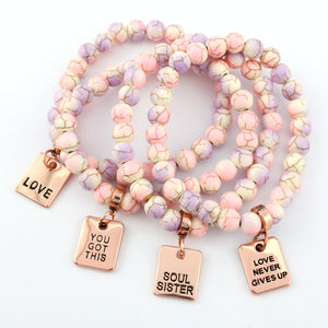 Stone Bracelet - Sugar Plumb Patch Agate Speckled Howlite 8mm Beads - With Rose Gold Charms