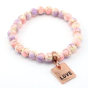 Stone Bracelet - Sugar Plumb Patch Agate Speckled Howlite 8mm Beads - With Rose Gold Charms