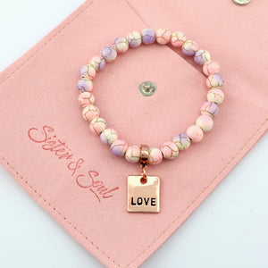 Stone Bracelet - Sugar Plumb Patch Agate Speckled Howlite 8mm Beads - With Rose Gold Charms