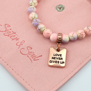 Stone Bracelet - Sugar Plumb Patch Agate Speckled Howlite 8mm Beads - With Rose Gold Charms