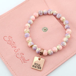 Stone Bracelet - Sugar Plumb Patch Agate Speckled Howlite 8mm Beads - With Rose Gold Charms
