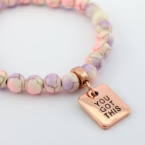 Stone Bracelet - Sugar Plumb Patch Agate Speckled Howlite 8mm Beads - With Rose Gold Charms