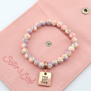 Stone Bracelet - Sugar Plumb Patch Agate Speckled Howlite 8mm Beads - With Rose Gold Charms
