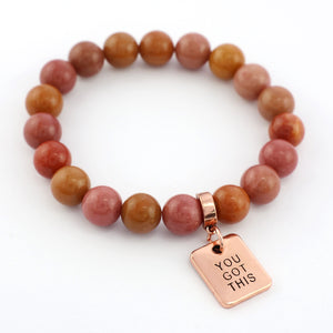 Stone Bracelet - Sunset Stone 10mm Beads - With Rose Gold Charms