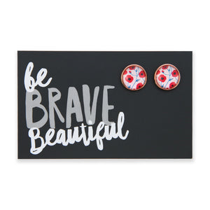 Pair of floral earrings on a black card with 'be BRAVE Beautiful' text