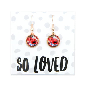 Pair of earrings with floral design on a 'So Loved' card