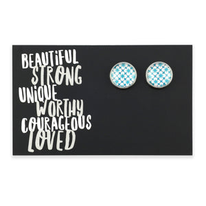 Teal print silver stud earrings on beautiful inspiring word card on white background.