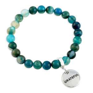 Stone Bracelet - TEAL STRIPED AGATE 8mm Beads - With Silver Charms