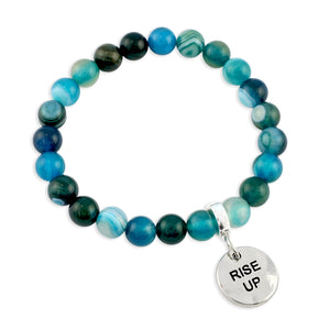 Stone Bracelet - TEAL STRIPED AGATE 8mm Beads - With Silver Charms