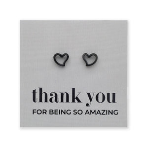 Heart-shaped earrings on a card with 'thank you for being so amazing' text