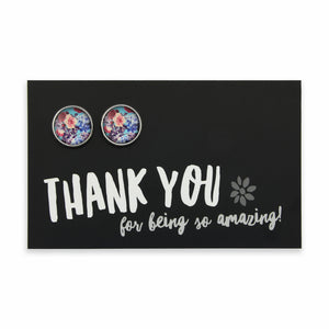 Floral earrings on a black card with 'Thank you for being so amazing!' text
