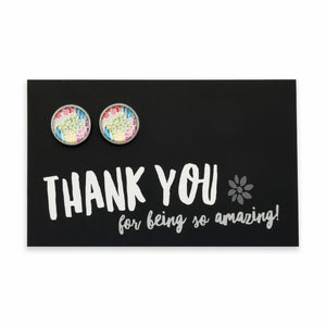 Colorful floral earrings on a black card with 'Thank you for being so amazing!' text
