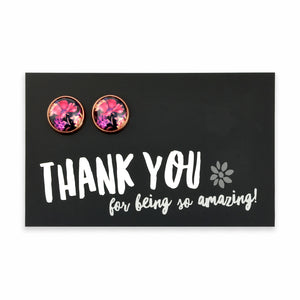 Floral earrings on a card with 'Thank you for being so amazing!' text
