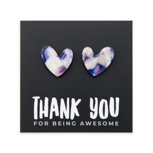 Heart-shaped earrings on a card with 'Thank you for being awesome' text
