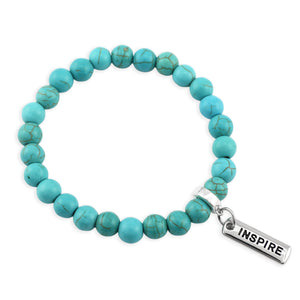 Stone Bracelet - Turquoise 8mm Beads - with Silver Word charm