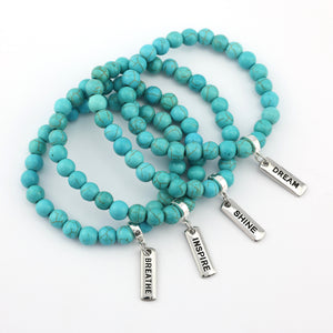 Stone Bracelet - Turquoise 8mm Beads - with Silver Word charm