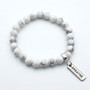 Stone Bracelet - White Marble 8mm Beads - with Silver Word Charm