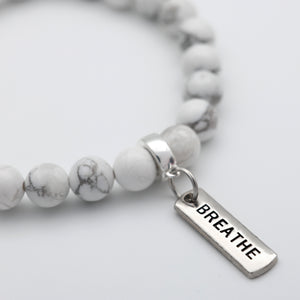 Stone Bracelet - White Marble 8mm Beads - with Silver Word Charm
