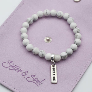 Stone Bracelet - White Marble 8mm Beads - with Silver Word Charm