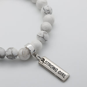 Stone Bracelet - White Marble 8mm Beads - with Silver Word Charm