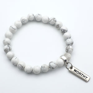 Stone Bracelet - White Marble 8mm Beads - with Silver Word Charm