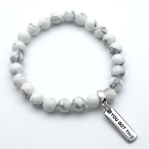Stone Bracelet - White Marble 8mm Beads - with Silver Word Charm