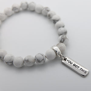 Stone Bracelet - White Marble 8mm Beads - with Silver Word Charm