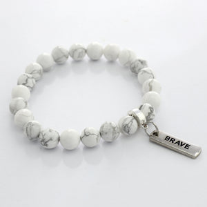 Stone Bracelet - White Marble 8mm Beads - with Silver Word Charm