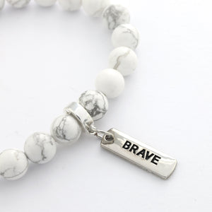 Stone Bracelet - White Marble 8mm Beads - with Silver Word Charm