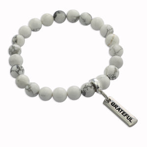 Stone Bracelet - White Marble 8mm Beads - with Silver Word Charm